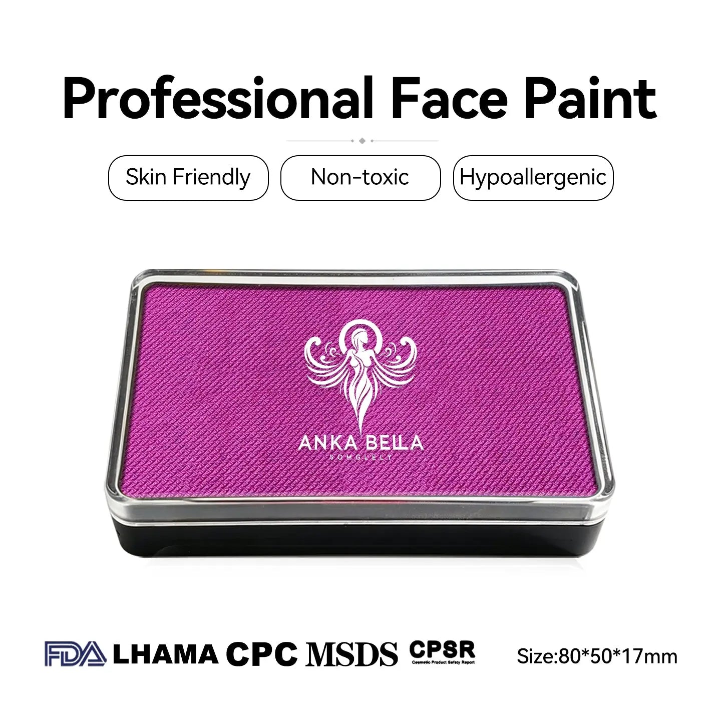 Anka Bella Pearl Light Magenta face paint, skin‑friendly non‑toxic hypoallergenic with FDA CPSR MSDS LHAMA CPC certification size 80*50*17mm