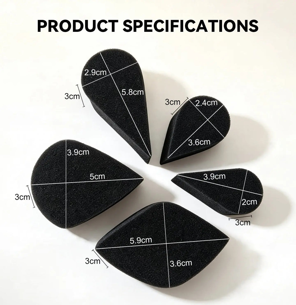 Anka Bella face paint sponge size chart, measurements of all teardrop sponge sizes