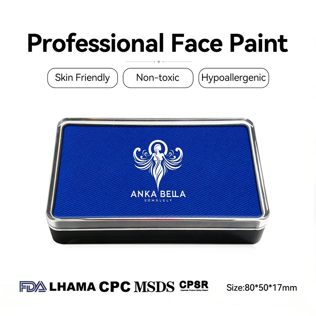 Anka Bella professional matte royal blue face paint, skin friendly non‑toxic hypoallergenic, FDA LHAMA CPC MSDS CPSR certified, size 80×50×17mm