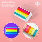 UV light view of Anka Bella neon rainbow split cake face paint with bright glow effect.