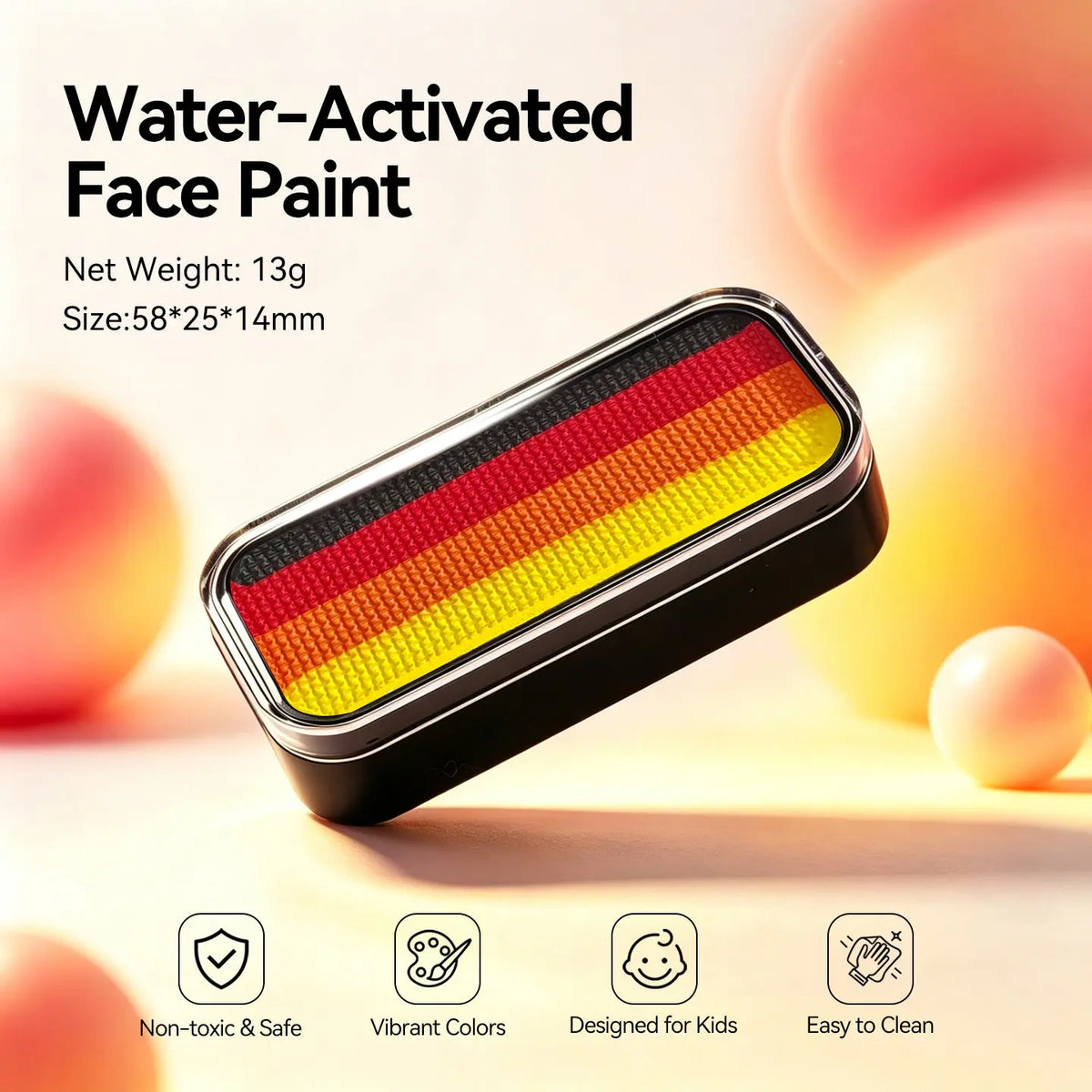 Anka Bella water-activated black red orange yellow face paint tin palette, 13g 58x25x14mm non-toxic vibrant colors designed for kids easy to clean costume makeup