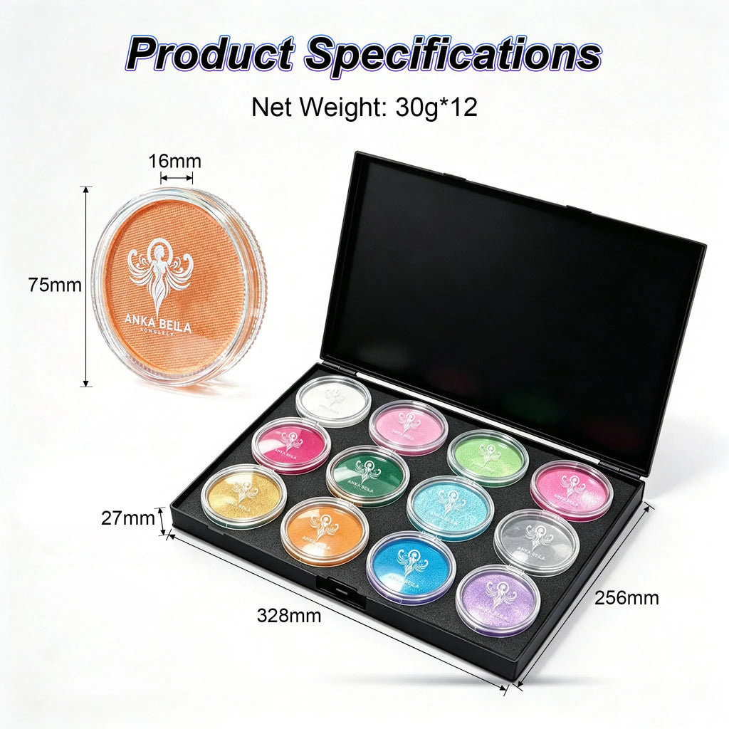 Model holding Anka Bella 12 colors pearl shimmer face paint kit with metallic face makeup