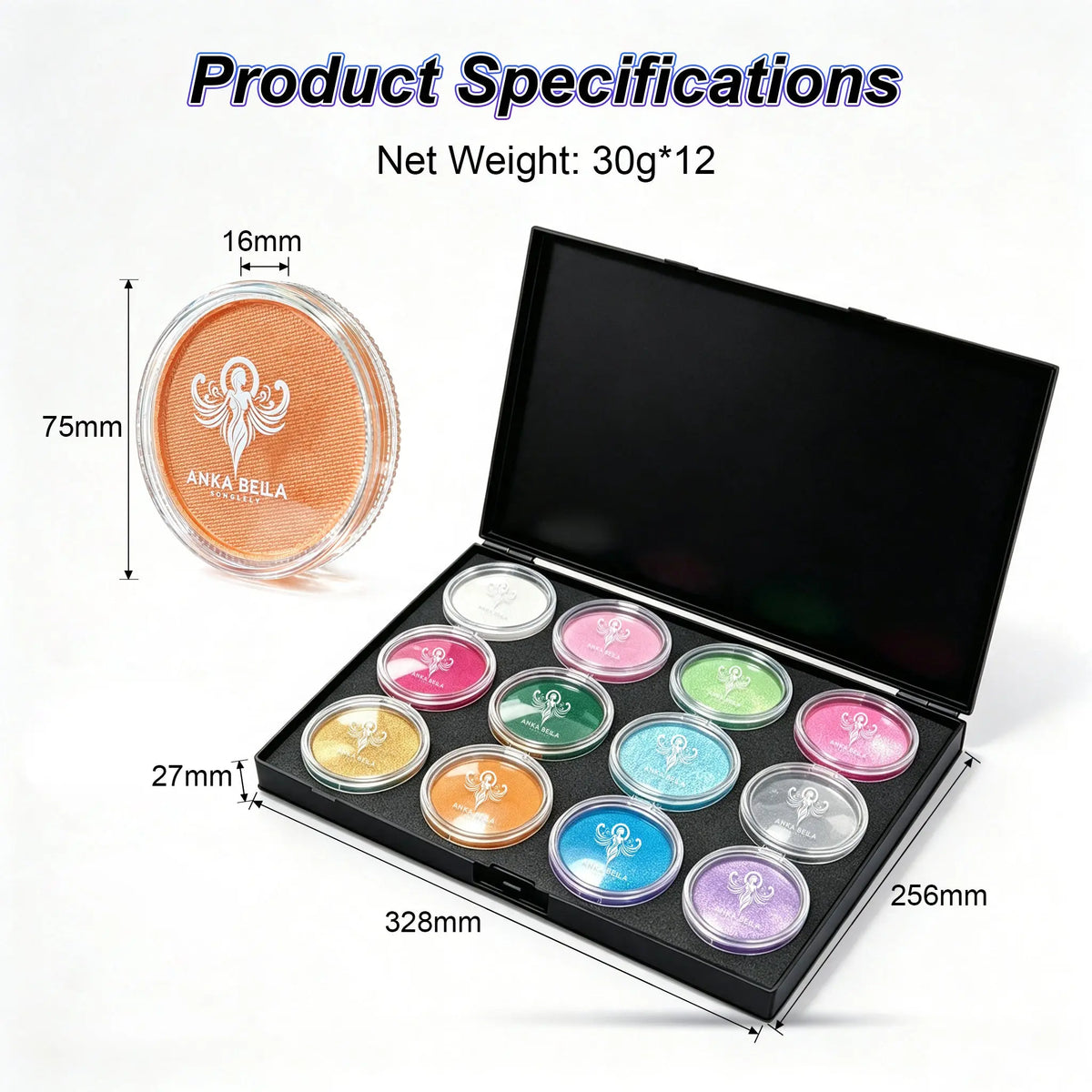 Model holding Anka Bella 12 colors pearl shimmer face paint kit with metallic face makeup