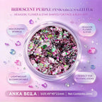 Anka Bella iridescent purple pink green holographic face body glitter jar, flower star hexagon sequins for festival makeup