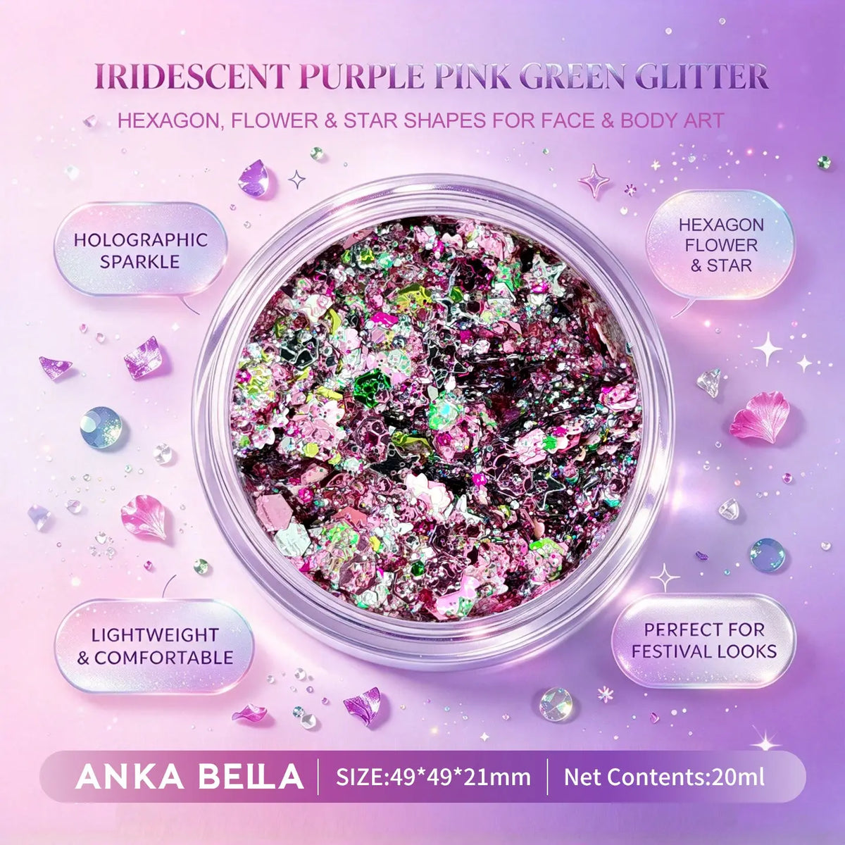 Anka Bella iridescent purple pink green holographic face body glitter jar, flower star hexagon sequins for festival makeup