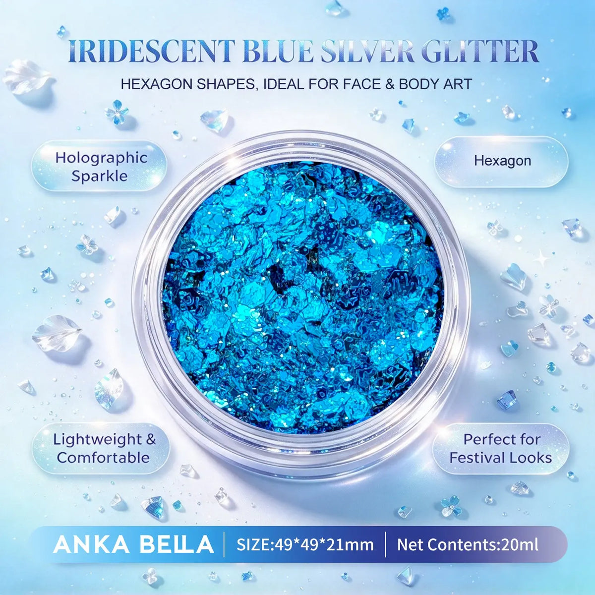 Anka Bella iridescent blue silver holographic face body glitter jar, hexagon sequins for ocean festival makeup