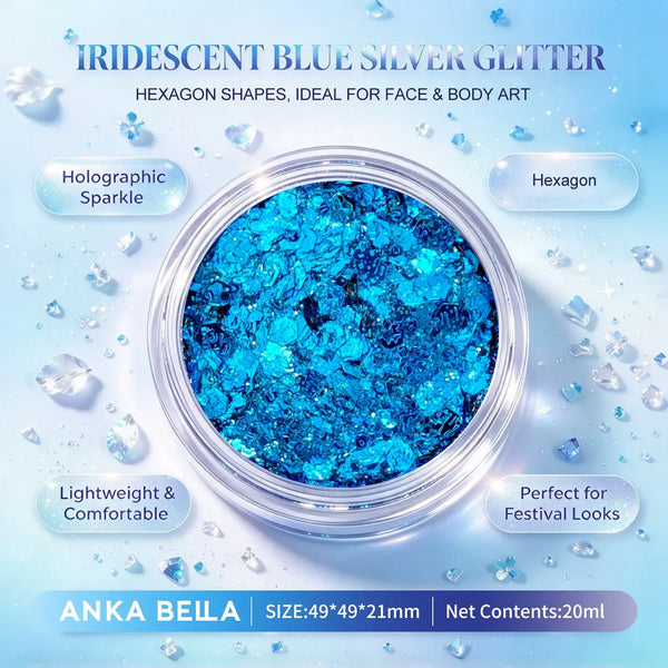 Anka Bella iridescent blue silver holographic face body glitter jar, hexagon sequins for ocean festival makeup