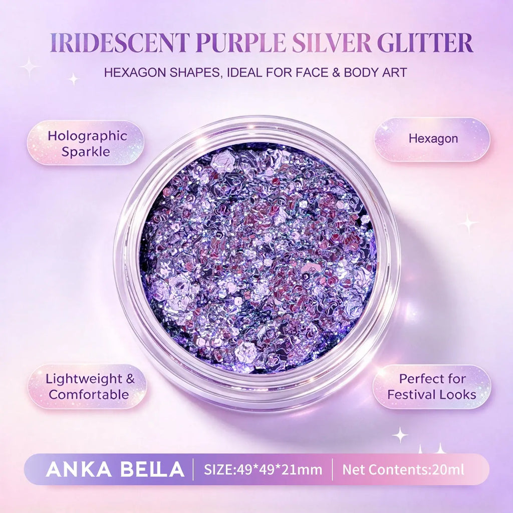 Anka Bella iridescent purple silver holographic face body glitter jar, hexagon sequins for festival party makeup