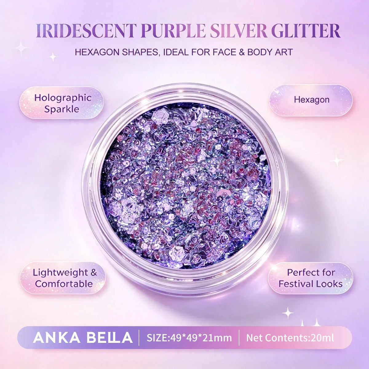 Anka Bella iridescent purple silver holographic face body glitter jar, hexagon sequins for festival party makeup