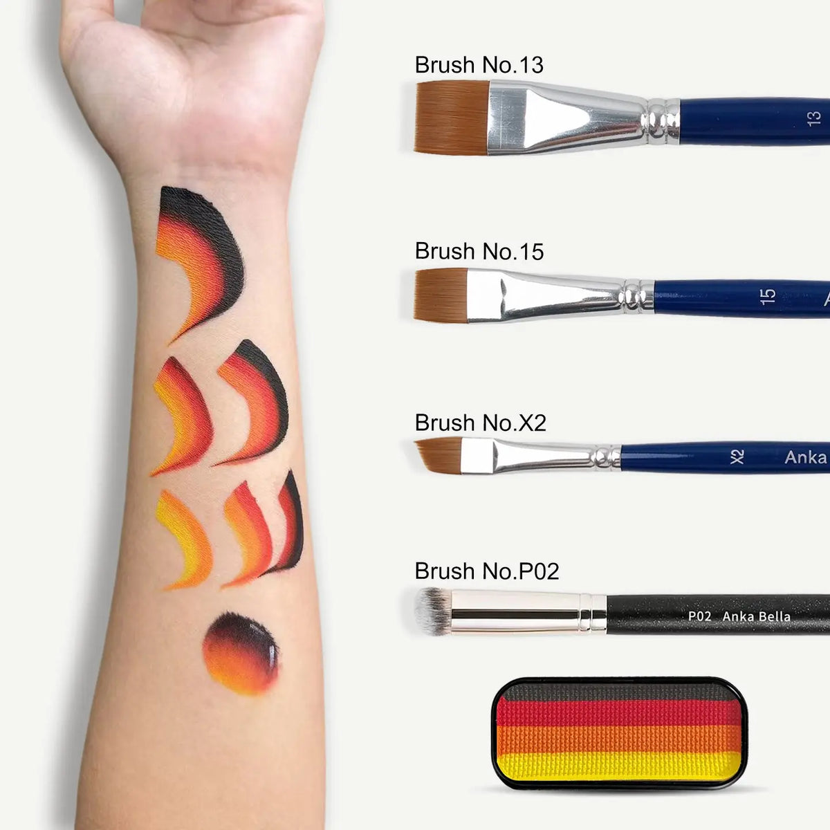 Anka Bella face paint swatch on arm with face painting brushes,Black Red Orange Yellow