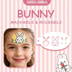 Kids face paint example with Anka Bella bunny stencil, washable reusable painting template