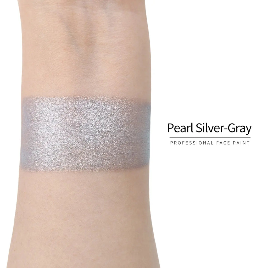 Anka Bella Pearl Silver‑Gray face paint arm swatch, cool shimmer pearl metallic silver‑gray body paint sample on skin