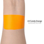 Anka Bella UV Candy Orange face paint arm swatch, bright neon candy orange UV glow body paint sample on skin