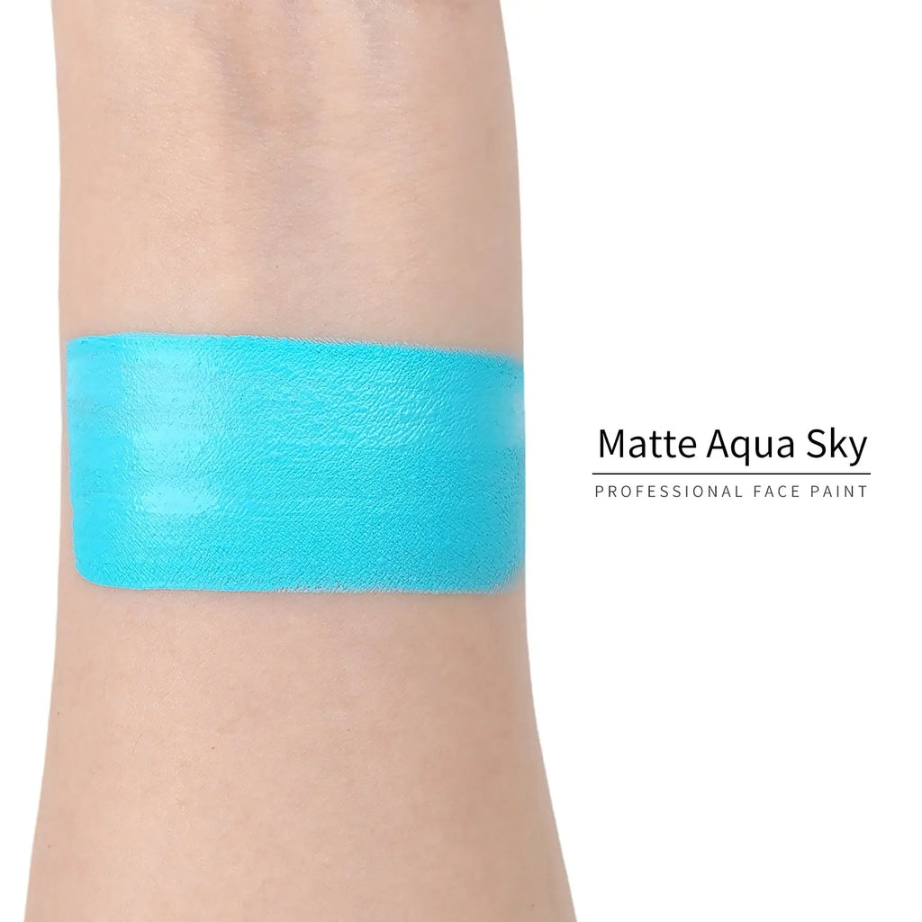 Anka Bella Matte Aqua Sky face paint arm swatch, vivid matte turquoise aqua‑sky body paint sample on skin