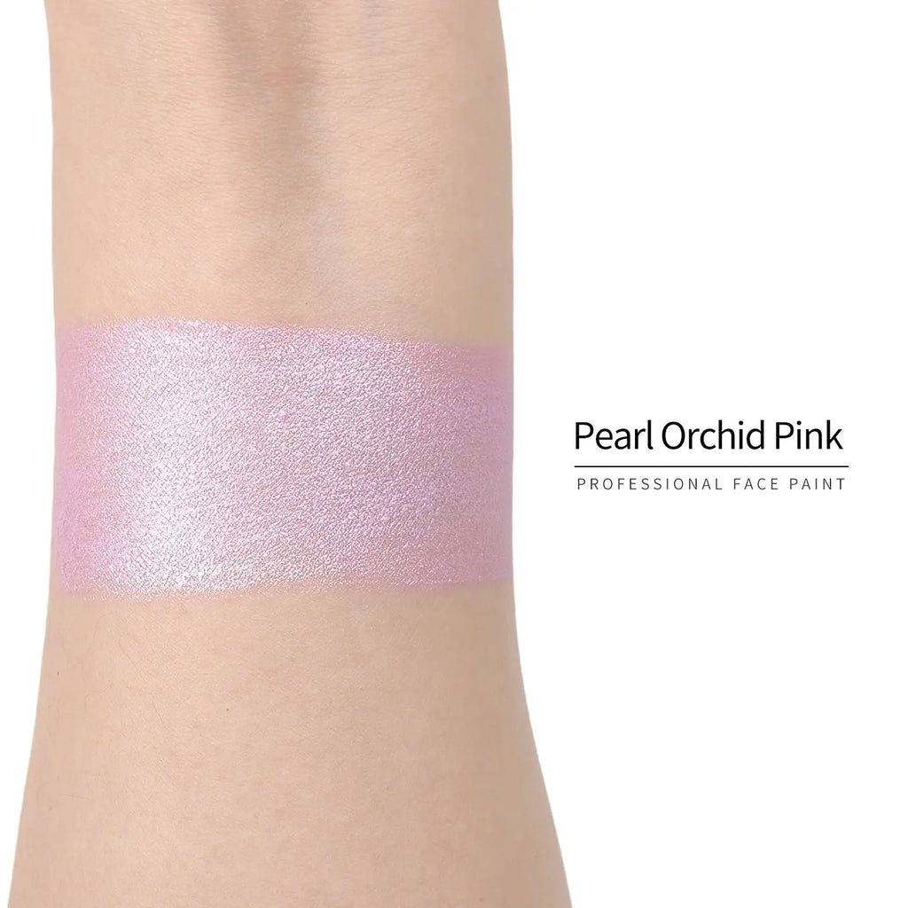 Anka Bella Pearl Orchid Pink face paint arm swatch, soft shimmer pearl orchid pink body paint sample on skin