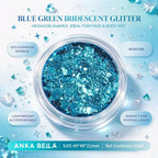 Anka Bella blue green iridescent holographic face body glitter jar, hexagon sequins for mermaid festival makeup