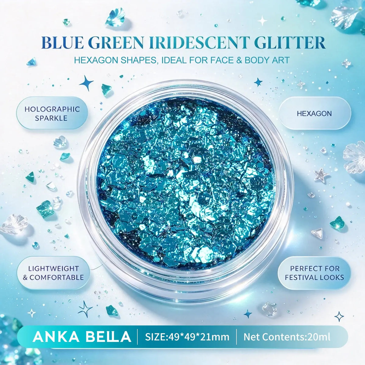 Anka Bella blue green iridescent holographic face body glitter jar, hexagon sequins for mermaid festival makeup