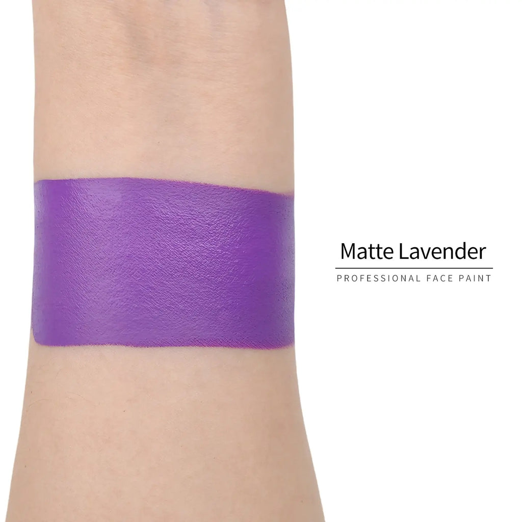 Matte lavender face paint swatch on arm, high pigment water based body art makeup