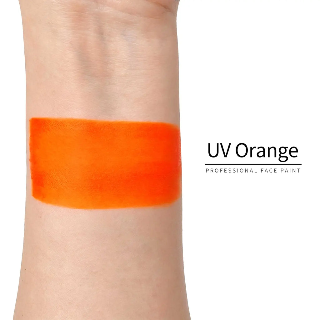 Anka Bella UV Orange face paint arm swatch, bright neon orange UV glow body paint sample