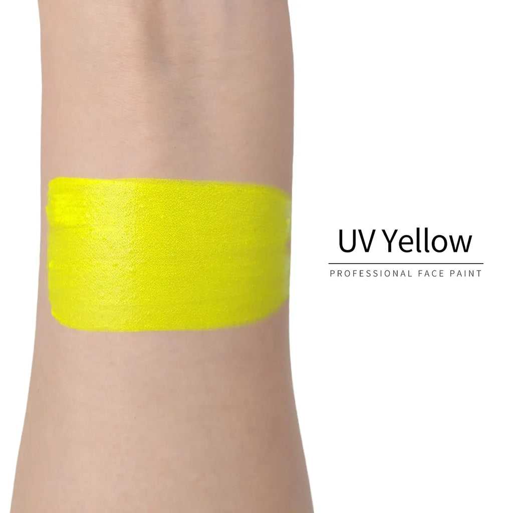 Anka Bella UV Yellow face paint arm swatch, bright neon yellow UV glow body paint sample on skin