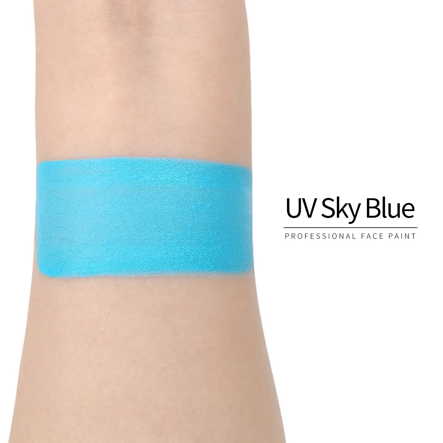 Anka Bella UV Sky Blue face paint arm swatch, luminous UV‑active sky blue body paint sample on skin