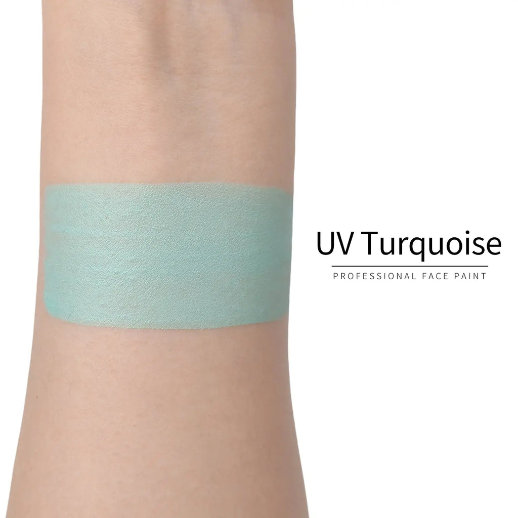 Anka Bella UV Turquoise face paint arm swatch, bright neon turquoise UV glow body paint sample on skin