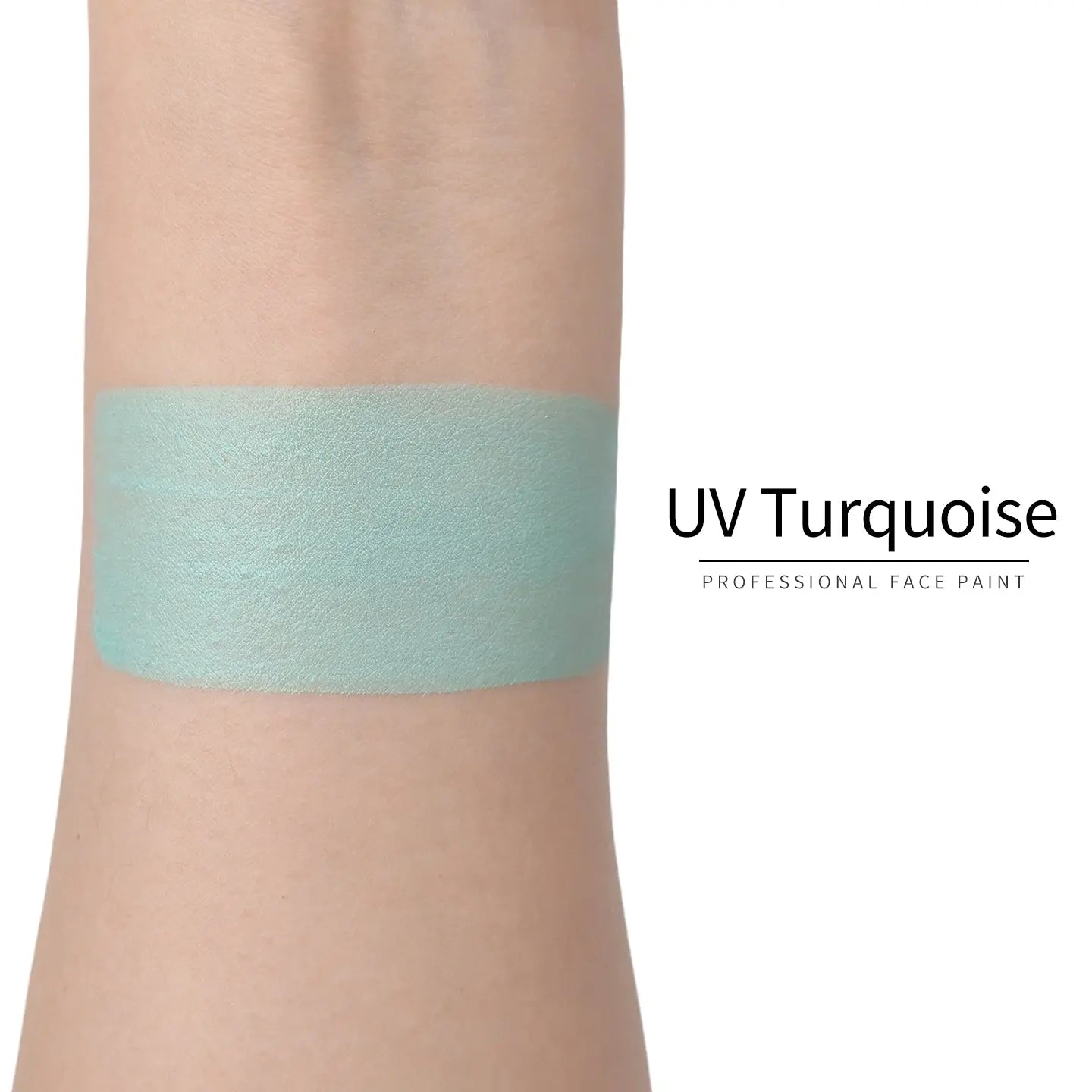 Anka Bella UV Turquoise face paint arm swatch, bright neon turquoise UV glow body paint sample on skin