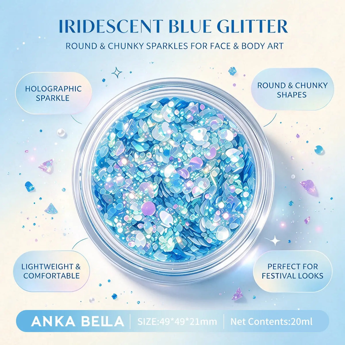 Anka Bella iridescent blue glitter jar, chunky round holographic sequins for face body festival makeup