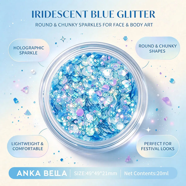 Anka Bella iridescent blue glitter jar, chunky round holographic sequins for face body festival makeup