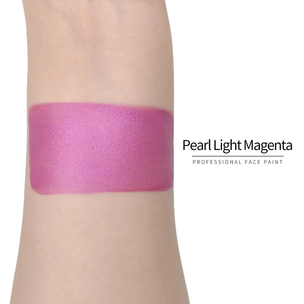 Anka Bella Pearl Light Magenta face paint arm swatch, bright shimmer pearl light magenta body paint sample on skin