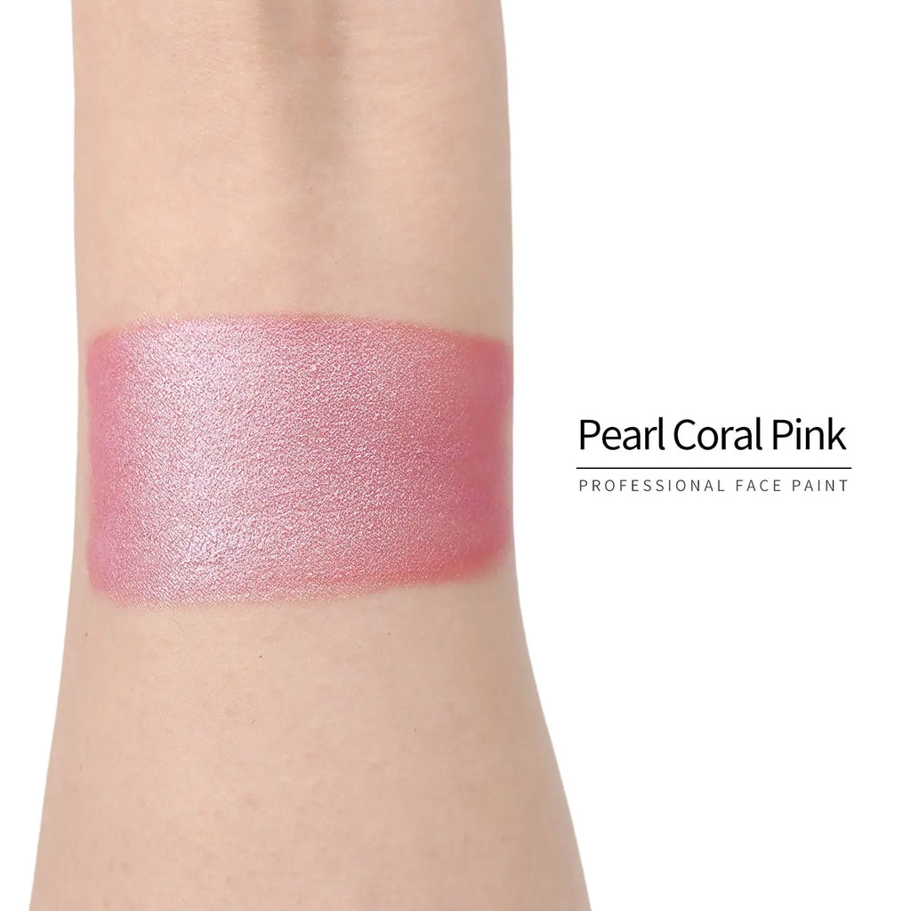 Anka Bella Pearl Coral Pink face paint arm swatch, warm shimmer pearl coral pink body paint sample on skin