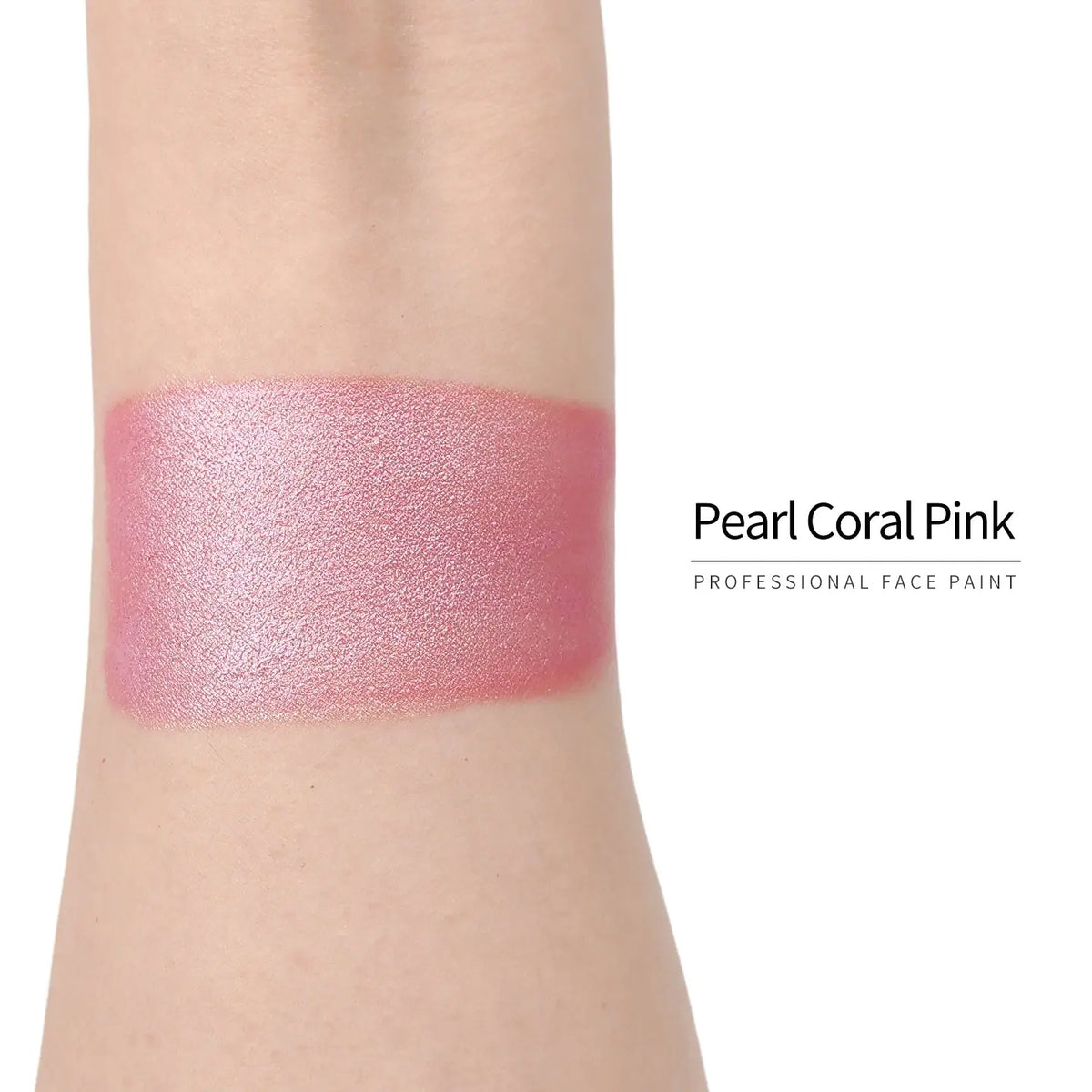 Anka Bella Pearl Coral Pink face paint arm swatch, warm shimmer pearl coral pink body paint sample on skin
