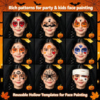 Anka Bella Halloween face paint examples, 9 different kid-friendly looks including ghost pumpkin devil spiderweb skull and mummy designs