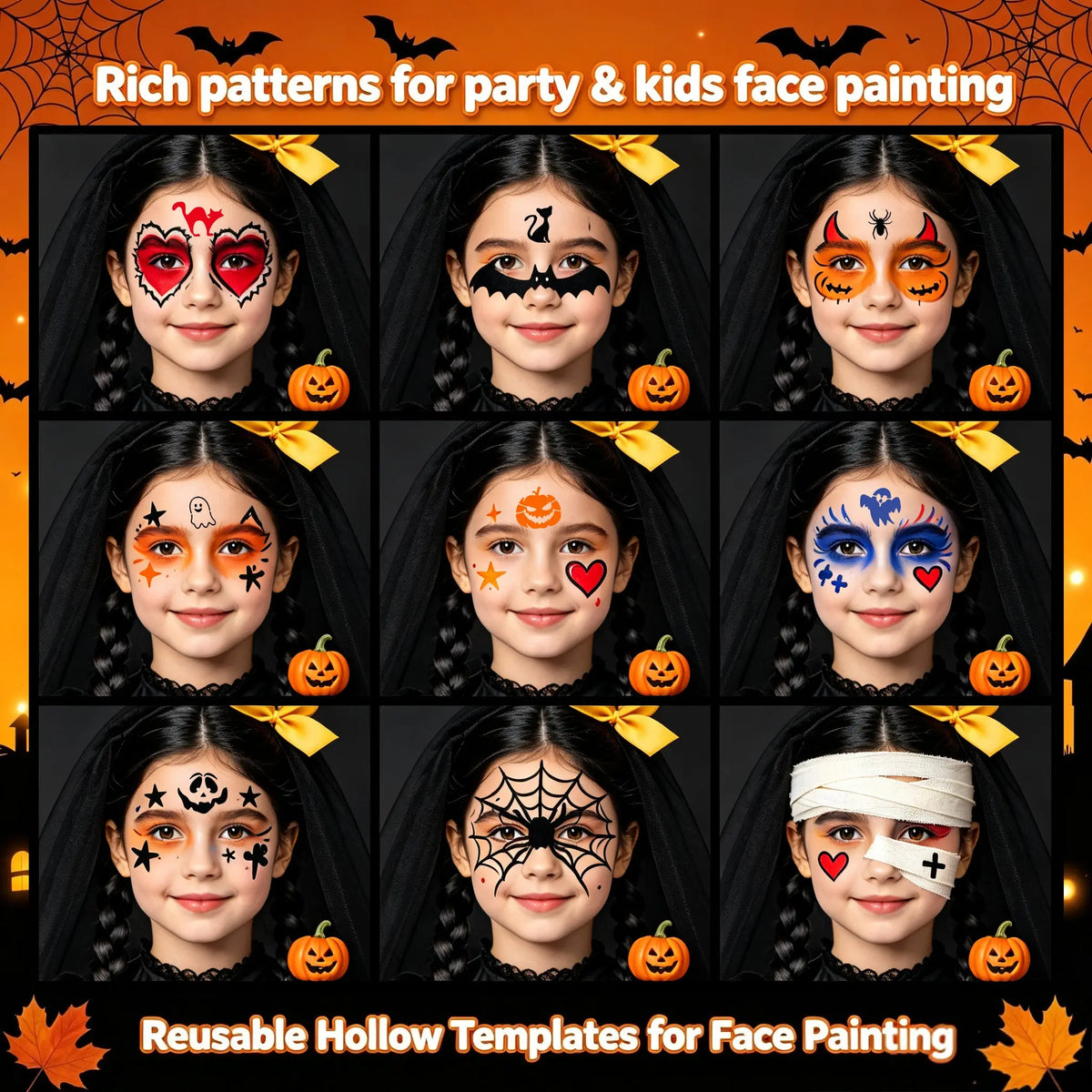 Anka Bella Halloween face paint examples, 9 different kid-friendly looks including ghost pumpkin devil spiderweb skull and mummy designs
