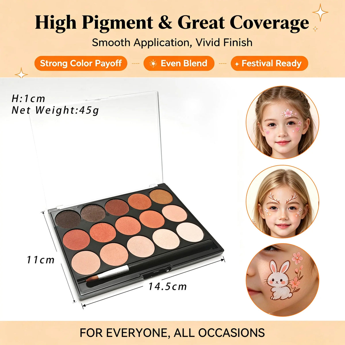 Anka Bella face paint palette size chart, kids festival makeup