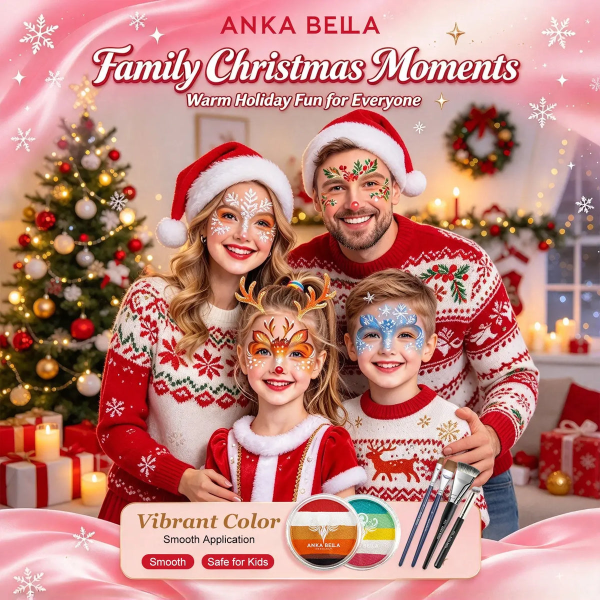 Anka Bella Christmas face paint kit, family Christmas face painting, kids safe water based face paint with vibrant colors