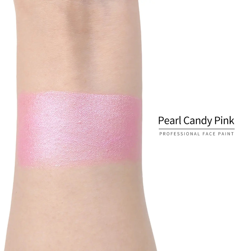 Anka Bella Pearl Candy Pink face paint arm swatch, bright shimmer pearl candy pink body paint sample on skin