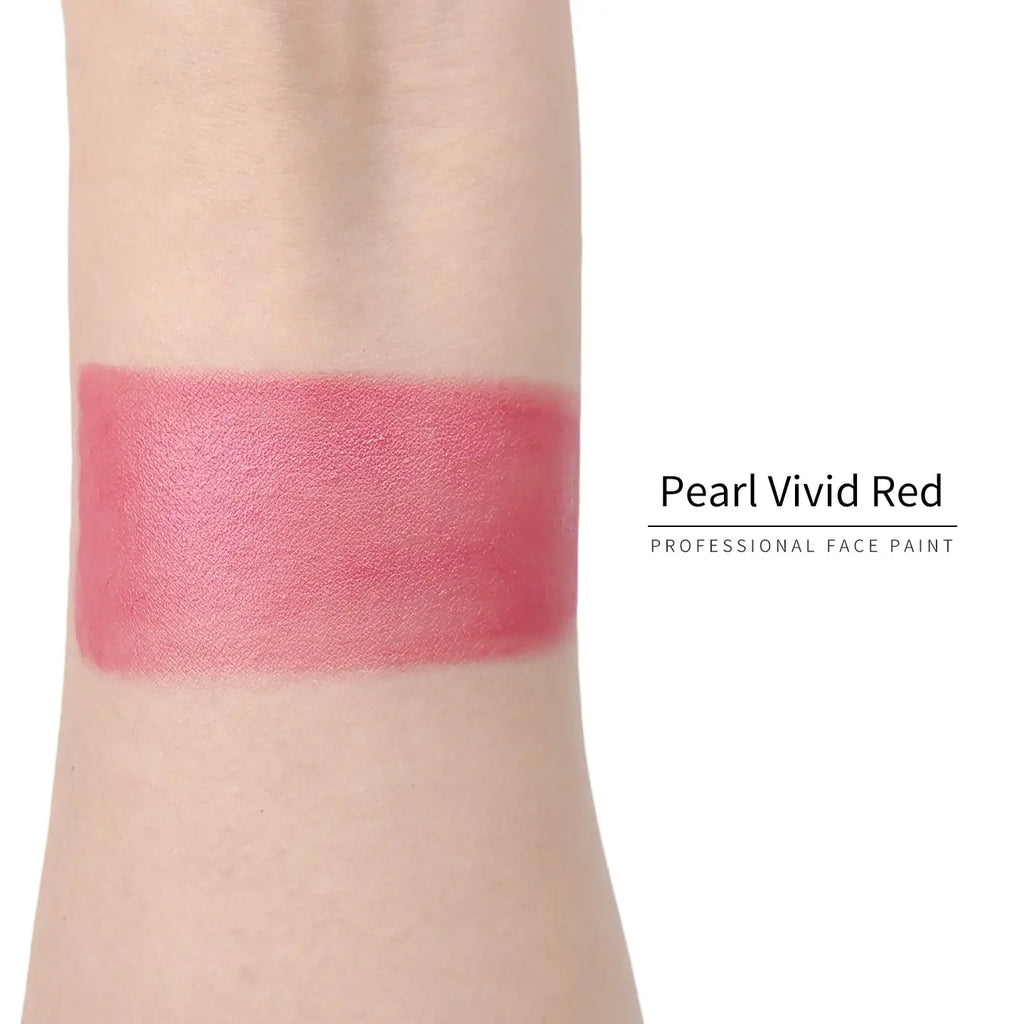 Anka Bella Pearl Vivid Red face paint arm swatch, rich shimmer pearl red body paint sample on skin