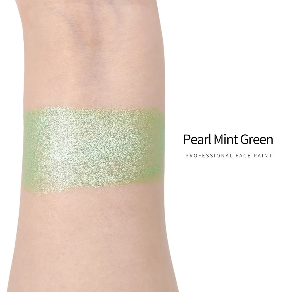 Anka Bella Pearl Mint Green face paint arm swatch, fresh shimmer pearl mint green body paint sample on skin