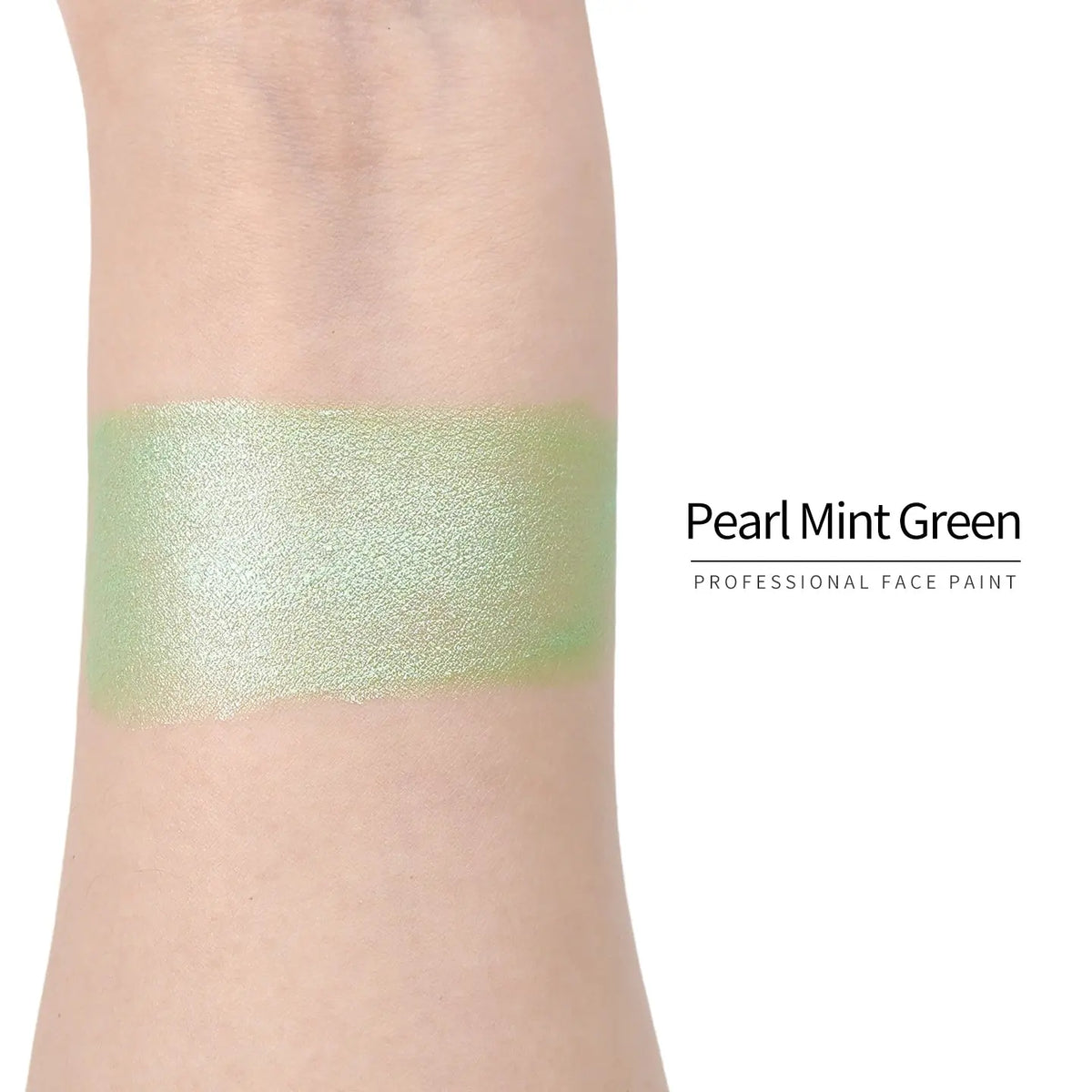 Anka Bella Pearl Mint Green face paint arm swatch, fresh shimmer pearl mint green body paint sample on skin