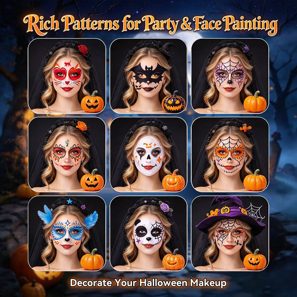 Halloween face paint ideas, spooky face makeup designs using face painting stencils for party