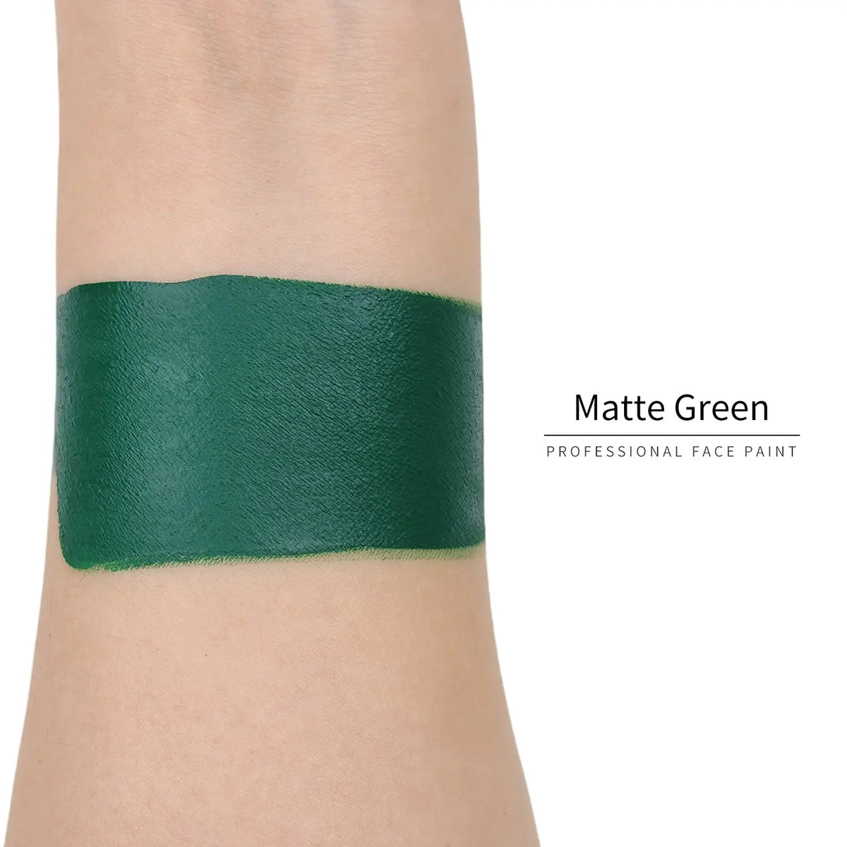 Anka Bella Matte Green face paint arm swatch, saturated matte forest‑green body paint sample on skin