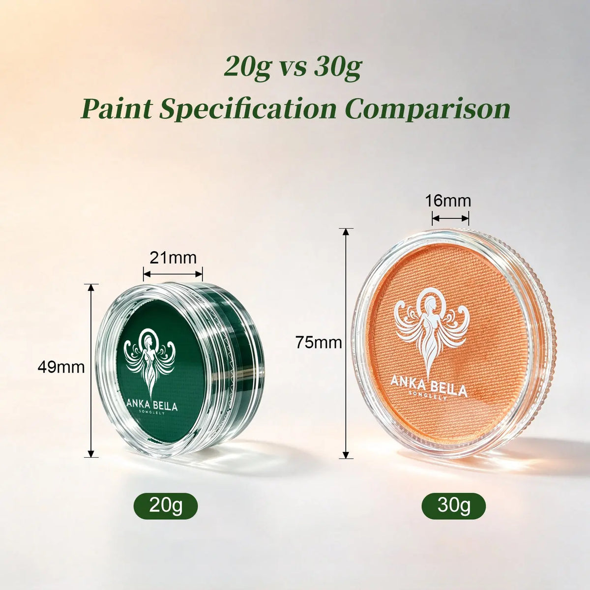 Anka Bella 20g vs 30g face paint cake size dimension comparison chart
