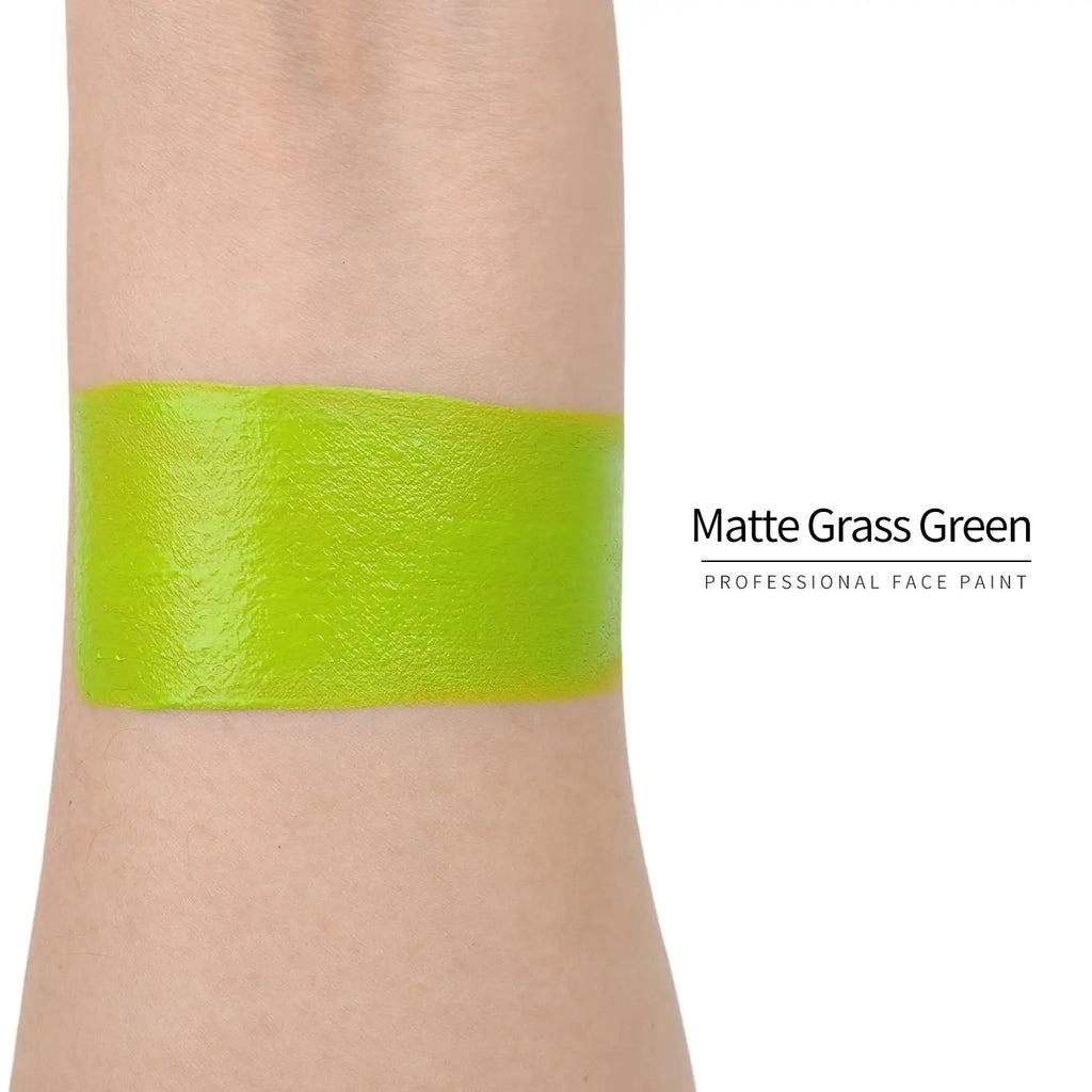 Anka Bella Matte Grass Green face paint arm swatch, fresh grass‑green matte body paint sample on skin