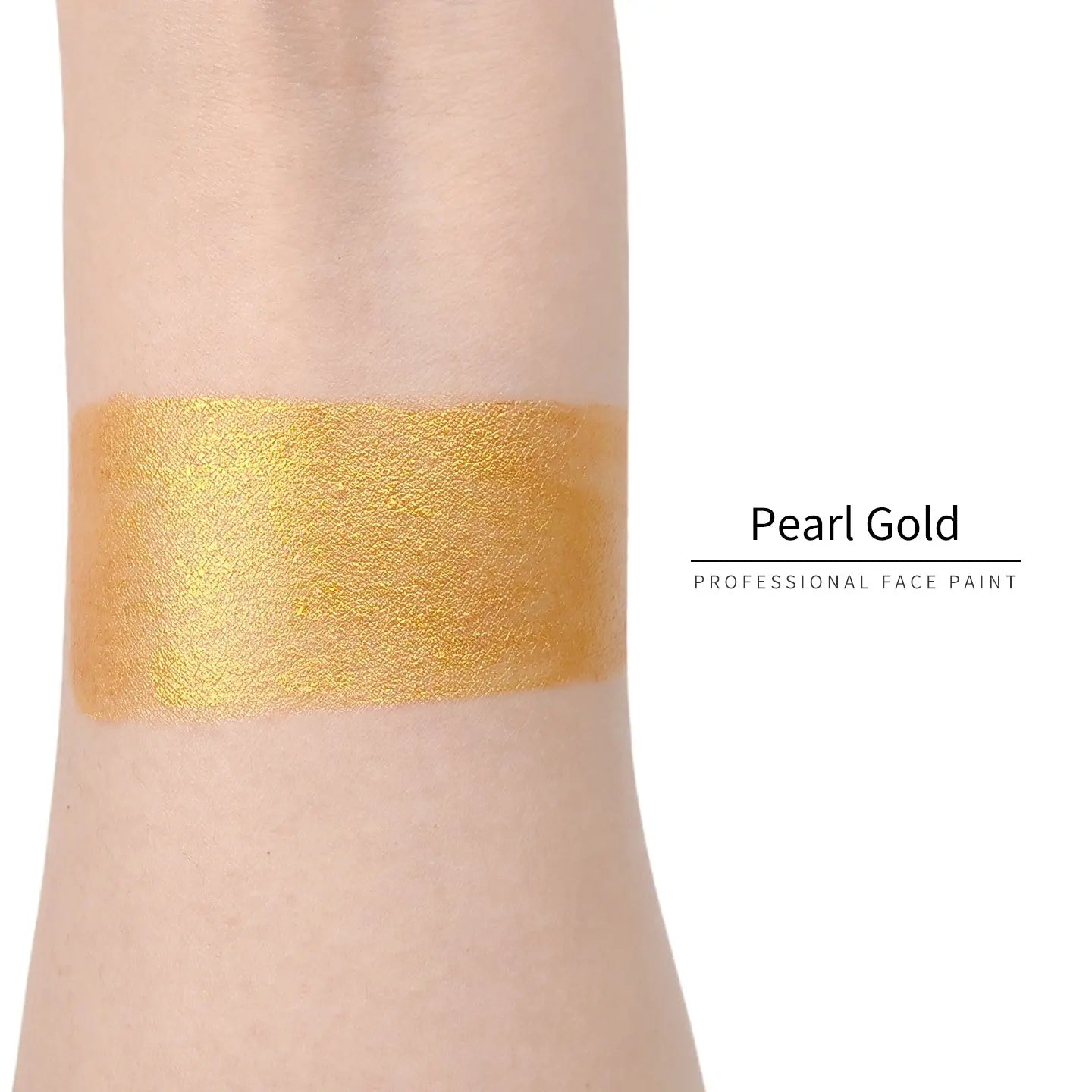 Anka Bella Pearl Gold face paint arm swatch, brilliant metallic shimmer gold body paint sample on skin