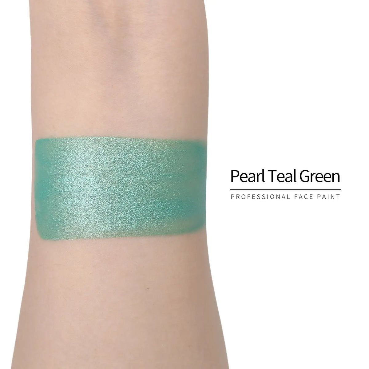 Anka Bella Pearl Teal‑Green face paint arm swatch, cool shimmer teal‑green pearl body paint sample on skin