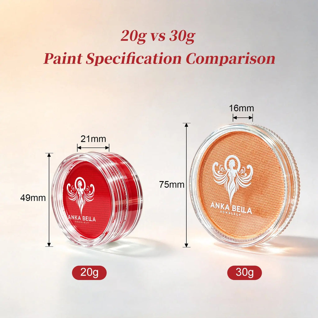 Anka Bella 20g vs 30g face paint cake size dimension comparison chart