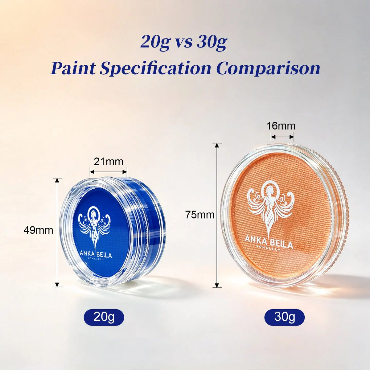 Anka Bella 20g vs 30g face paint size comparison chart, clear dimension specs for water activated face paint pans