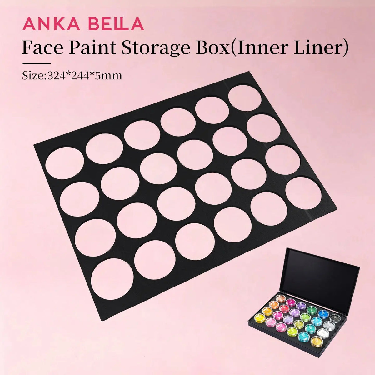 Anka Bella black foam inner liner for face paint storage box, 24 round holes palette insert
