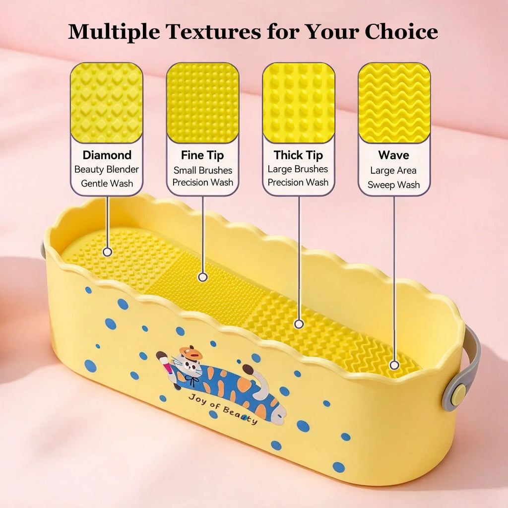 Anka Bella yellow makeup brush washer bowl with 4 textured scrub zones for cleaning beauty blender and makeup brushes